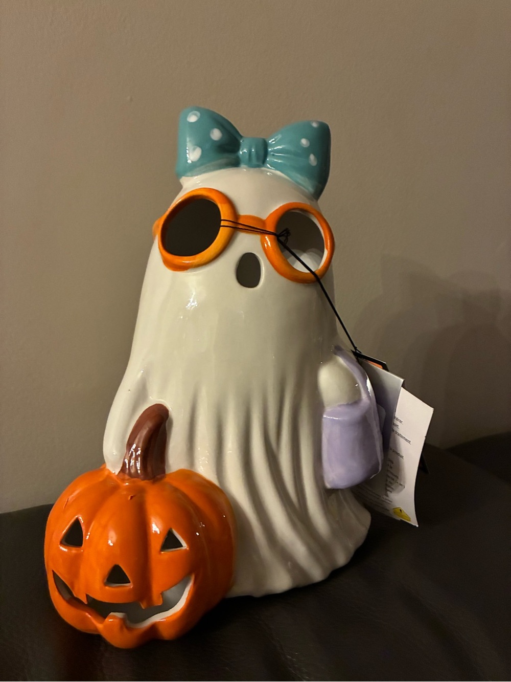 White Ghost Figurine with Teal Bow, Lavender Purse and Orange Pumpkin